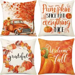 Set of 4 Fall Orange Truck Pumpkin Pillow Covers 20x20