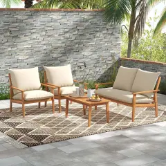 Costway 4 PCS Acacia Wood Patio Furniture Set with Soft Cushions and Coffee Table
