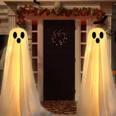 2PCS Large Lighted White Cloth Ghosts with 30 LED String Lights