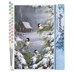 Figured'Art Paint by Numbers for Adults Three Birds in the Snow 16"x20" - Craft Art Painting DIY Kit Rolled Canvas without frame