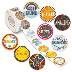Bright Creations Teacher Stickers for Students and Kids Ages 3-14 - 1000 Piece Multicolor Peel & Stick Roll, 1.5-Inch - Motivational & Good Job Stickers for Classroom Rewards