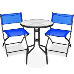 Best Choice Products 3-Piece Patio Bistro Dining Furniture Set w/ Round Textured Glass Tabletop, Folding Chairs Resort Blue