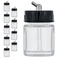 10 Pack Master Airbrush TB-003, 3/4 oz Glass Jar Bottles with 60 degree Down Angle Adaptor Lid Assembly, Single-Action Siphon