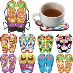8 Pcs Flip Flop Diamond Art Coasters Summer Hawaii Tropical Beach Diamond Painting Coasters with Holder for Crafts Gift Beginner Adults Party