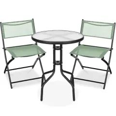 Best Choice Products 3-Piece Patio Bistro Dining Furniture Set w/ Round Textured Glass Tabletop, Folding Chairs Sage