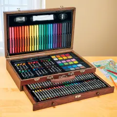 Collections Etc 140-Piece Artist Set with Wooden Carrying Case
