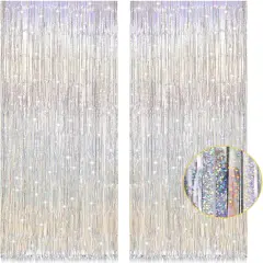 2 Pack 3.2ft x 8.2ft Silver Metallic Tinsel Foil Fringe Curtains