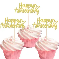 24 PCS Happy Anniversary Cupcake Toppers - Gold
