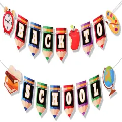 Welcome Back to School Banner, Welcome Sign for First School Arrival No DIY Pencil Garland First Day Decorations with 2 Pre-Assembled Strings for Classroom Decor & Party Supplies
