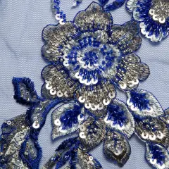 1 Yard Embroidered Beaded and Sequined Lace Fabric with Floral Pattern 50/52&Prime; Wide Royal