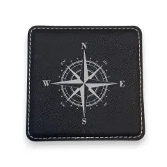 Coaster - Compass Rose - SET OF 2 - Leather or Stitched Cork Black/Silver