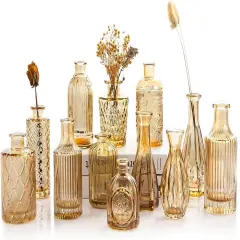 12pcs Glass Bud Vases Set - Mini Vintage Vases for Flowers Gold amber