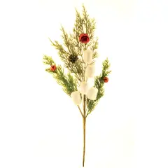 Sparkle Marshmallow Pine Pick with Red Bells and Pinecone 16 Inch