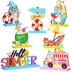 7 Pieces Hello Summer Table Decoration Sign Wooden Centerpieces Beach Gnome Wooden Decor for Farmhouse Summer Beach Home Table Tiered Tray Decor