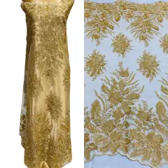 1 Yard Beaded Lace Fabric Embroidered on 100% Polyester Net Mesh, Blush, 48" Width Gold