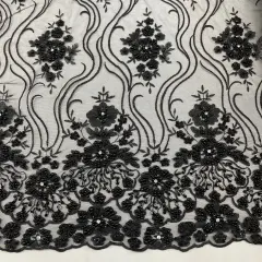 1 Yard Elegant Beaded Lace Fabric Embroidered on 100% Polyester Net Mesh 51 inch Width Black