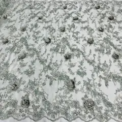 1 Yard Beaded Rhinestone 3D Floral Lace Fabric for Bridal Dresses Dance Costumes 50" Width Sage