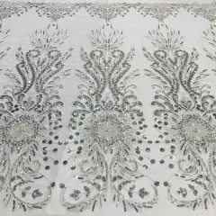 1 Yard Beaded Lace Fabric on 100% Polyester Net Mesh, Embroidered Lace Materia, 52" Wide Silver