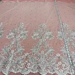 1 Yard Exquisite Beaded and Corded Bridal Lace Fabric Embroidered on 100% Polyester Net Mesh 54" Width Silver