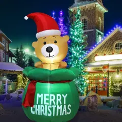 5 Feet Christmas Inflatable Bear with Santa's Bag Lighted Blow Up Christmas Yard Decoration with Built in Fan and Anchor Ropes (Bear with Gift Bag)