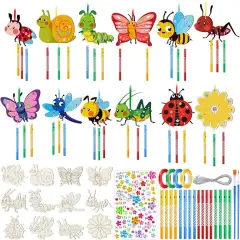 24 Sets Spring Craft Set Butterfly Bee Flower Wind Chime Kit Make Your Own Spring Gifts DIY Coloring Wooden Decoration for Spring Themed Party Supplies