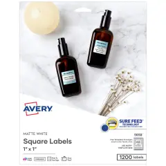 Avery Printable Square Labels with Sure Feed, 1" x 1", Matte White, Permanent Adhesive, Laser & Inkjet Printers, 1,200 Blank Labels (5658)