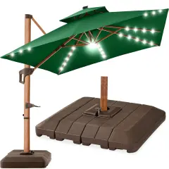 Best Choice Products 10ft Square Woodgrain Pattern 2-Tier Outdoor Solar LED Cantilever Umbrella w/ Base Green