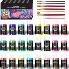 Iridescent Acrylic Paint Set with 12 Brushes, 24 Colors (59ml, 2oz), for Artists, Kids, Beginners