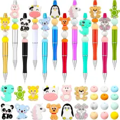 12 Pieces Beadable Pens Kit with Silicone Focal Beads, Animal Style, Black Ink, for DIY School Supplies Animal style