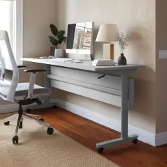 Emma and Oliver Hahn Heavy-Duty Flip Top Training Table with Nesting Design, Privacy Panel, T-Legs, Tabletop, Metal Frame Gray Top/Gray Frame