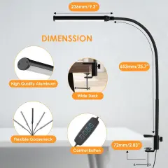 LED Desk lamp with Clamp, Eye-Caring Clip Lights for Home Office, 3 Colors Full Brightness, Flexible Gooseneck USB Adapter Table Lamp, Black