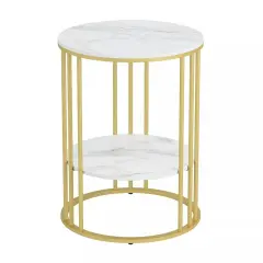 Modern Round Side Table End Table Marble Top Metal Ring-Shape Frame White & Gold