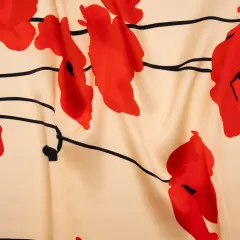 1 Yard Beige, Red and Black Poppy Stems Border Printed Silk Charmeuse Fabric 53 inch Width