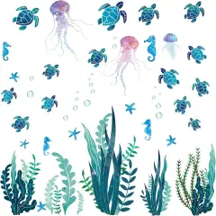 Nuanchu 28 Pcs Under The Sea Wall Decals Glow in The Dark Sea Turtle Ocean Grass Seaweed Jellyfish Peel Stick Underwater Wall Decoration for Kids Bedroom Bathroom Toilet (Vivid Style)
