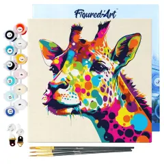 Figured'Art Mini Paint by Numbers Kit for Adults with Frame Giraffe Abstract Pop Art Small format 8"x8" - Craft Art Painting DIY Canvas Already Stretched on a Wooden Frame