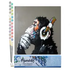 Figured'Art Paint by Numbers for Adults Monkey wearing headphones 16"x20" - Craft Art Painting DIY Kit Rolled Canvas without frame