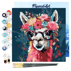 Figured'Art Mini Paint by Numbers Kit for Adults with Frame Fantasy llama and flowers Small format 8"x8" - Craft Art Painting DIY Canvas Already Stretched on a Wooden Frame