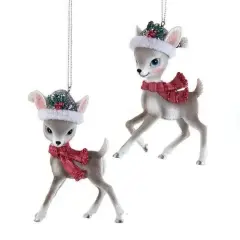 4.25" Deer With Santa Hat Ornaments &ndash; Set of 2 Resin Christmas Decorations