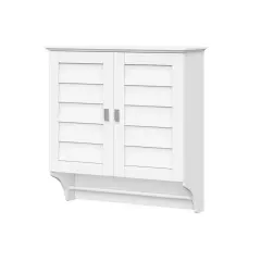 White Wood Wall-Mounted Bathroom Medicine Cabinet with Louver Doors and Towel Bar