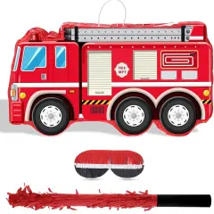 Fire Truck Pi&ntilde;ata with Hanging Loop Blindfold Bat and Confetti Filler for Kids Boys Firefighter Firetruck Theme Birthday Party Decorations Supplies