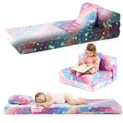 Flannel Fabric Kids Sofa Bed with Glow-in-the-Dark Design and Pillow Multicolor