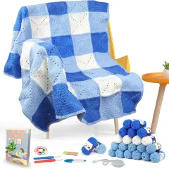 Crochet Blanket Kit - Blue White Mixed