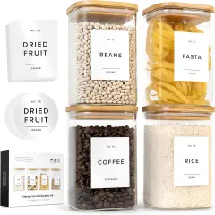 Glass Storage Containers with Bamboo Lids 37fl.oz [Extra Thick Glas] with 72 Pantry Labels - Canister For Pantry Noodles Flour Cereal Rice Sugar Tea Coffee Beans - Square Set of 4x