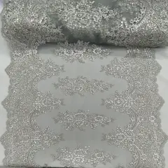 1 Yard Silver Sequin Lace Fabric with Embroidered Mesh and Double Scalloped Border 51" Width