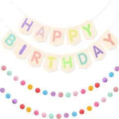 Felt Happy Birthday Banner Pastel Boho Happy Birthday Garland Pom Pom Rainbow Birthday Banner Reusable Birthday Sign Decoration Colorful Festive Cute Birthday Party Supply