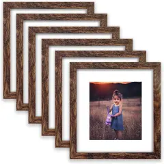 8x8 Picture Frame Rustic Brown Wood Set of 6,Display Pictures 5x5 with Mat or 8x8 Without Mat,Multi Photo Frames Collage for Wall