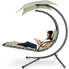Best Choice Products Hanging Curved Chaise Lounge Chair Swing for Backyard, Patio w/ Pillow, Shade, Stand Sage
