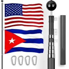 G128 Combo Pack: 20 Ft Telescoping Aluminum Flagpole (Black) & American and Cuba Flags 3x5 Ft, Both ToughWeave Series Embroidered Polyester | Pole with Flags Included