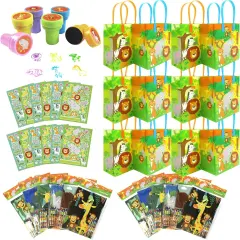 TINYMILLS Safari Animals Jungle Book Birthday Party Favor Set of 108 pcs (12 Large Party Favor Treat Bags with Handles, 24 Self-Ink Stamps for Kids, 12 Sticker Sheets, 12 Coloring Books, 48 Crayons)