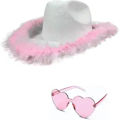 4E's Novelty Cowgirl Hat with Pink Feathers & Heart Shaped Sunglasses, Cowboy Hats for Women Costume Accessory